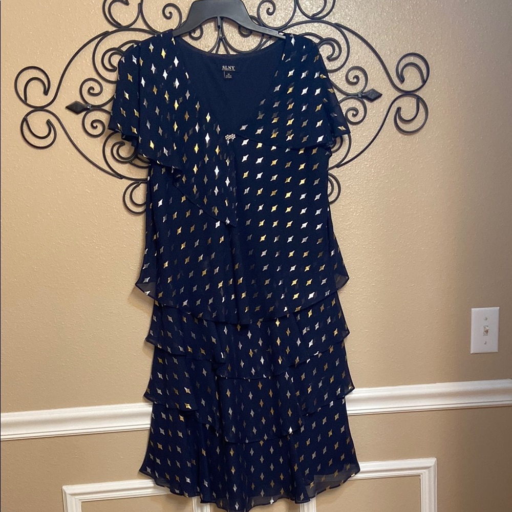 S.L. Fashions Blue Tiered Ruffled Midi Dress for Wedding Guest
